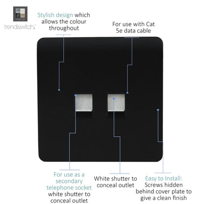 Trendi Switch 2 Gang RJ45 Cat 5e PC Ethernet & Telephone Slave Sockets in Matt Black