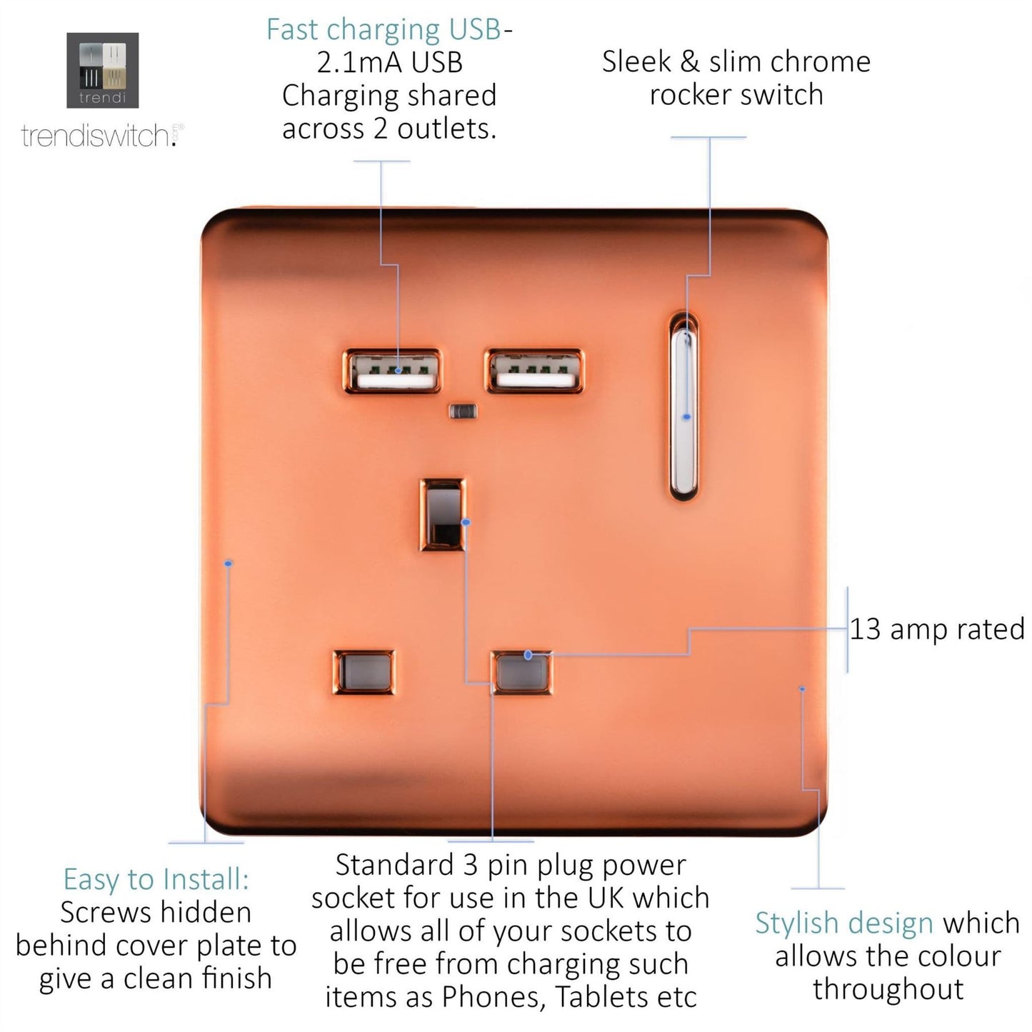 Trendi Switch 1 Gang USB 2100mA Plug Socketin Copper