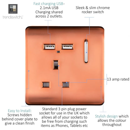 Trendi Switch 1 Gang USB 2100mA Plug Socket in Copper