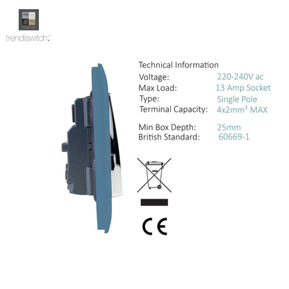 Trendi Switch 2 Gang Long Switched Plug Socket in Sky Blue