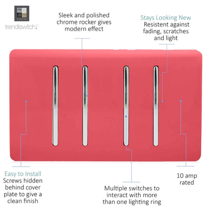 Trendi Switch 4 Gang Light Switch (2x 1 or 2 Way & 2 x Intermediate)in Strawberry Red
