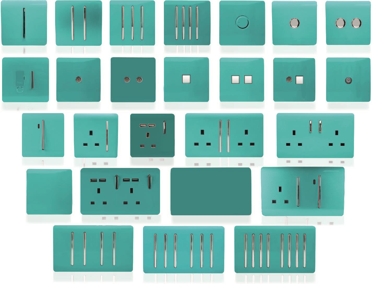 Trendi 4 Gang 2 Way 240V 100w LED Dimmer Screwless Raised Front Plate Plastic Artistic Modern Glossy 10 Amp Chrome Single Electrical Wall Light Switch in Bright Teal - ART-4LDMBT