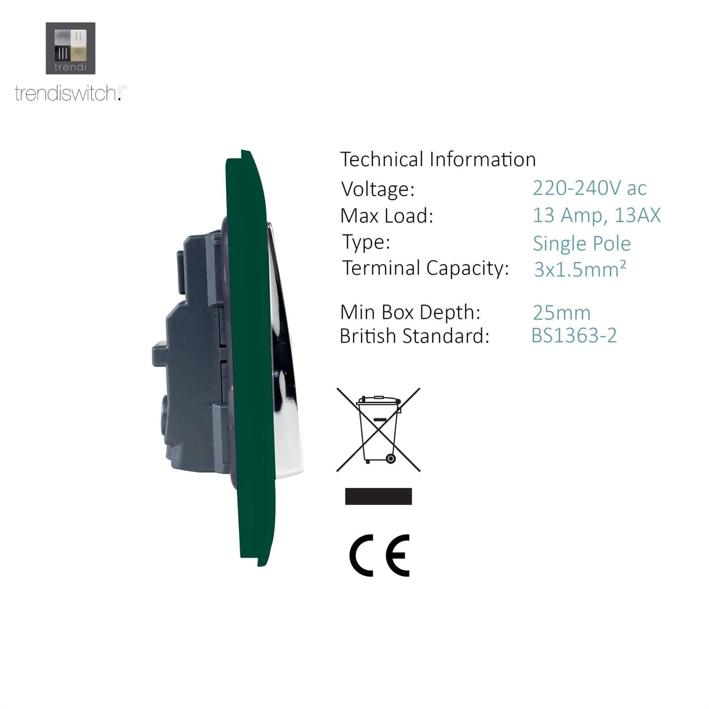 Trendi Switch 1 Gang 13 Amp Switched Plug Socketin Dark Forest Green