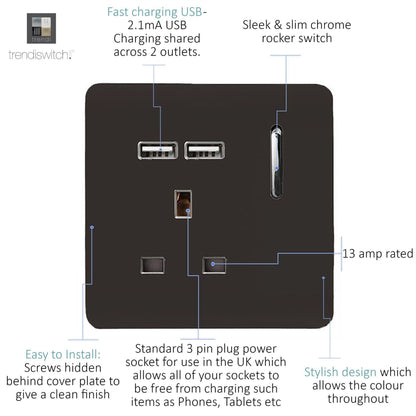 Trendi Switch 1 Gang USB 2100mA Plug Socket in Dark Mocha Brown