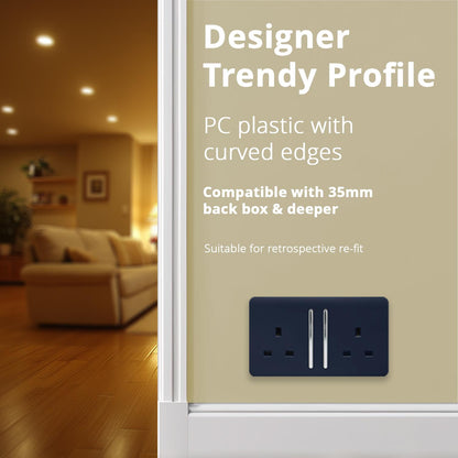 Trendi Switch 2 Gang Long Switched Plug Socket in Navy Blue