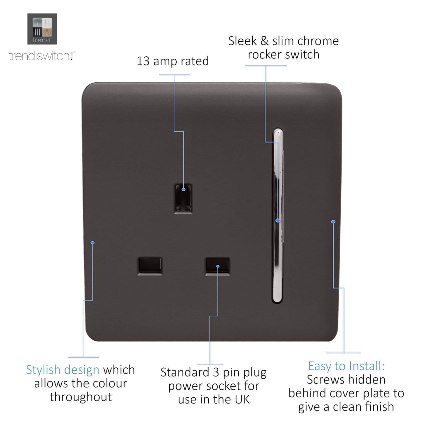 Trendi Switch 1 Gang 13 Amp Switched Plug Socketin Dark Mocha Brown
