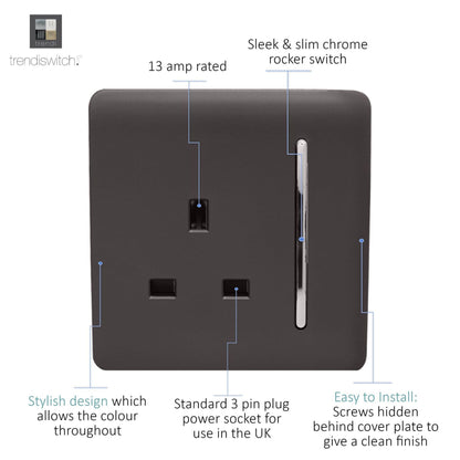Trendi Switch 1 Gang 13 Amp Switched Plug Socket in Dark Mocha Brown