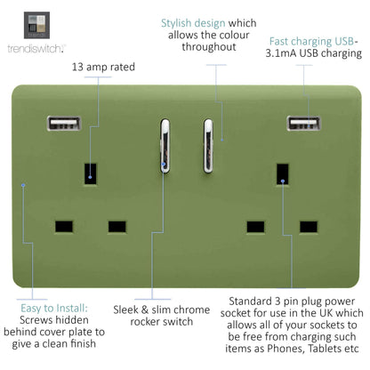 Trendi Switch 2 Gang USB 3100mA Plug Socket in Moss Green