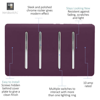 Trendi Switch 4 Gang Light Switch (1x 1 or 2 Way & 3 x Intermediate)in Plum Purple