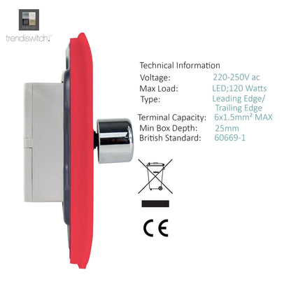 Trendi 1 Gang 2 Way 240V 100w LED Dimmer Screwless Raised Front Plate Plastic Artistic Modern Glossy 10 Amp Chrome Single Electrical Wall Light Switch in Strawberry Red - ART-LDMSB