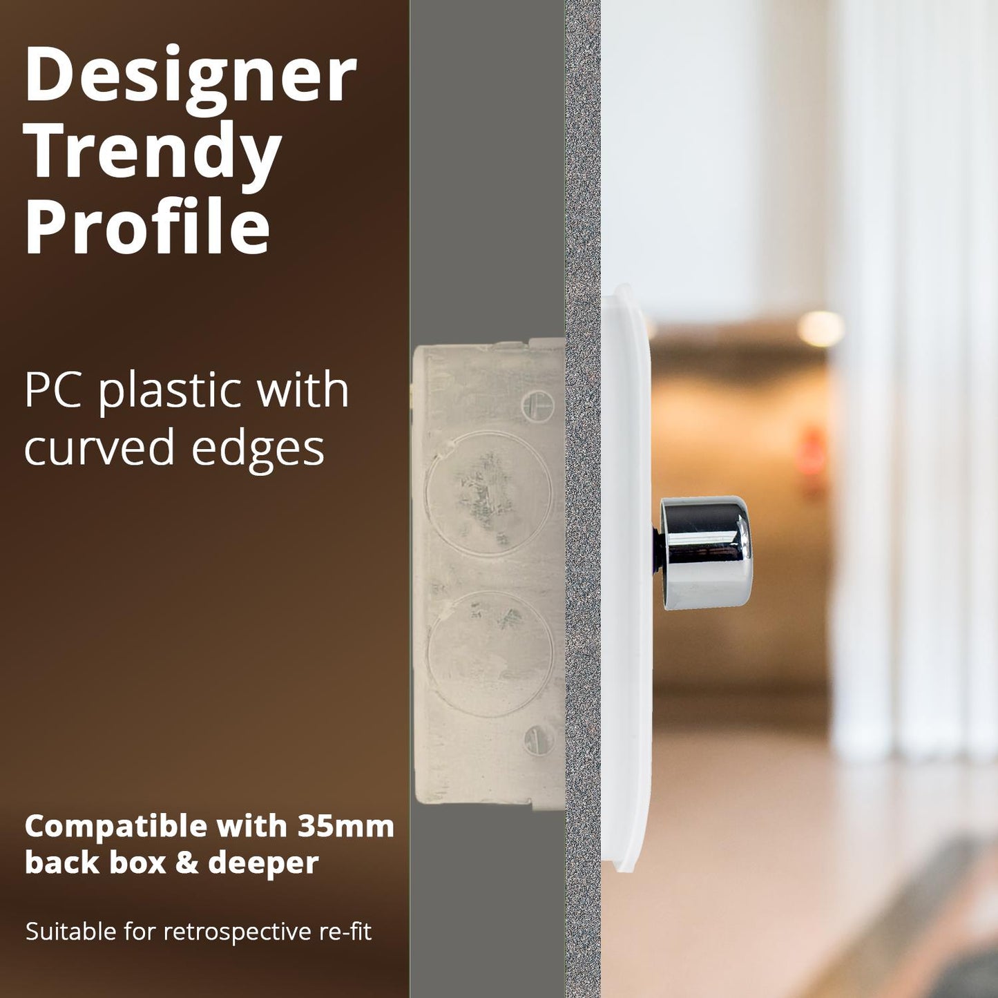 Trendi 1 Gang 2 Way 240V 100w LED Dimmer Screwless Raised Front Plate Plastic Artistic Modern Glossy 10 Amp Chrome Single Electrical Wall Light Switch in Ice White- ART-LDMWH