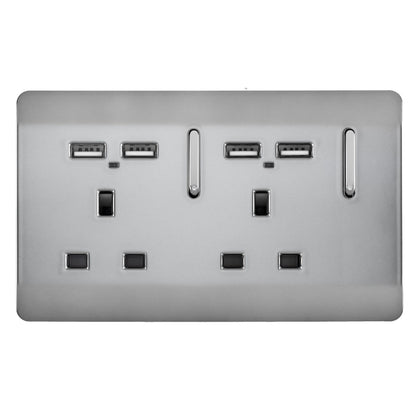 Trendi Switch 2 Gang 4 Port USB 2100mA Plug Socket in Brushed Steel