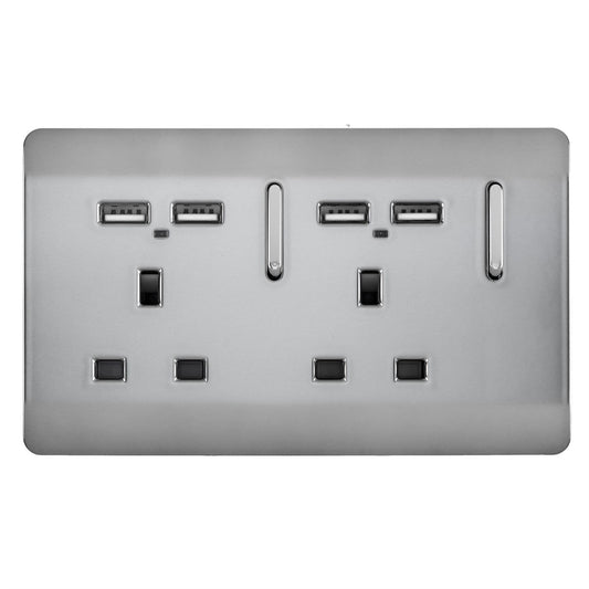 Trendi Switch 2 Gang 4 Port USB 2100mA Plug Socketin Brushed Steel