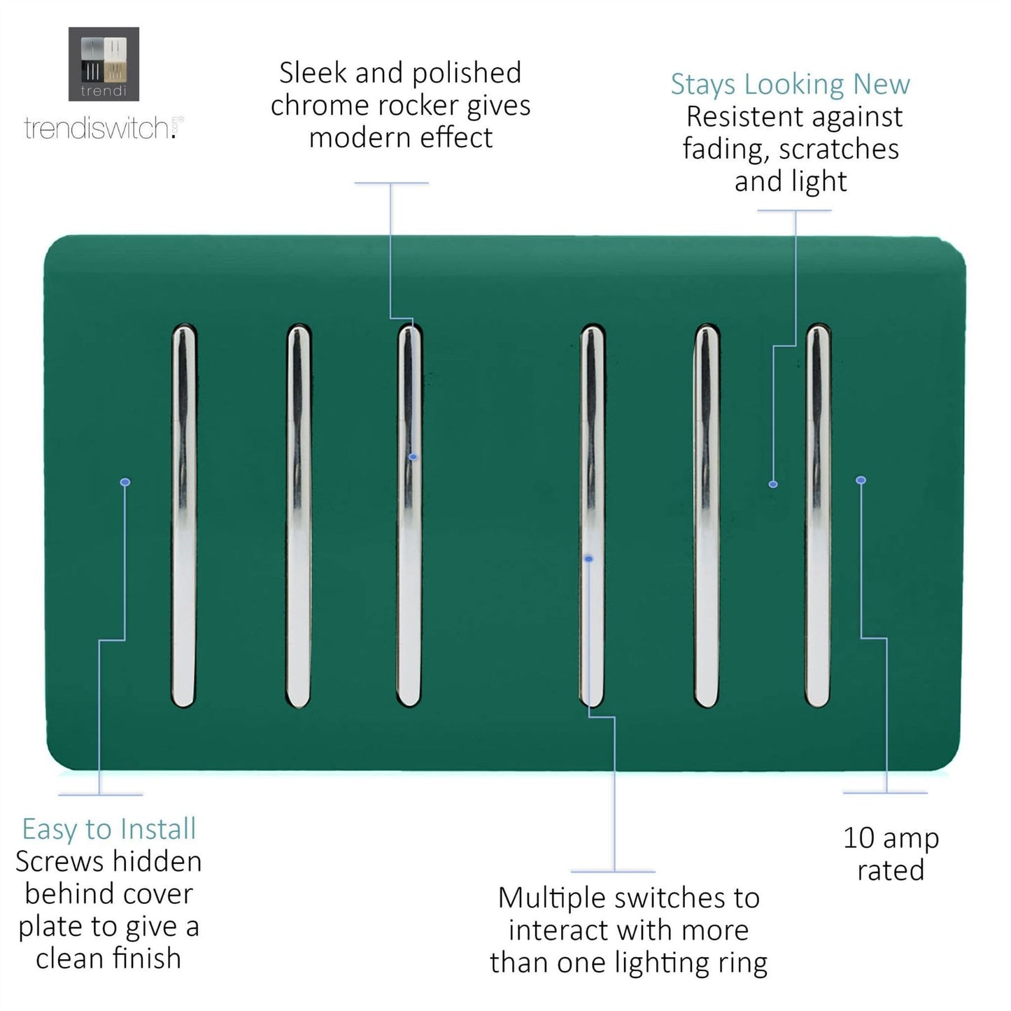 Trendi Switch 6 Gang 1 or 2 Way Light Switchin Dark Forest Green