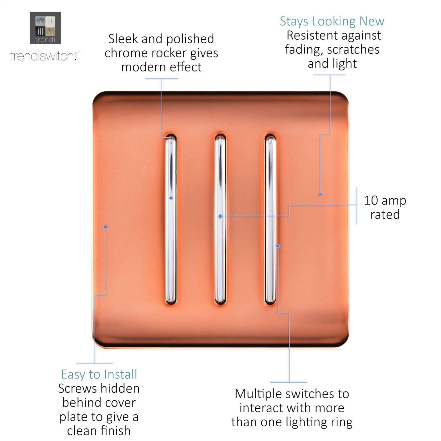 Trendi Switch 3 Gang 1 or 2 way Rocker Light Switchin Copper
