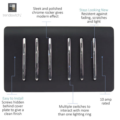 Trendi Switch 6 Gang 1 or 2 Way Light Switch in Matt Black