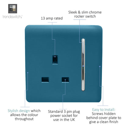 Trendi Switch 1 Gang 13 Amp Switched Plug Socket in Ocean Blue