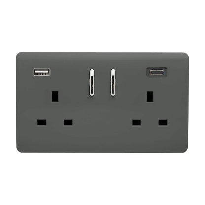 Trendi Switch 2 Gang USB 3100mA Type A & C USB Plug Socket in Charcoal Grey