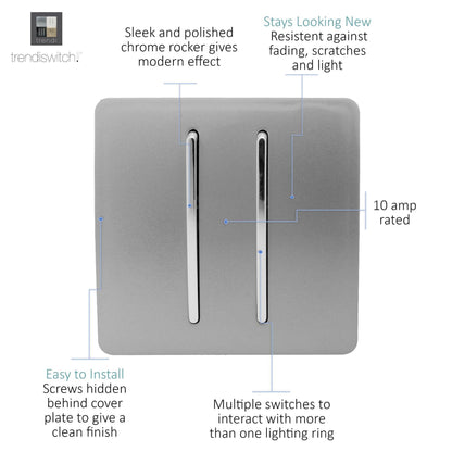 Trendi Switch 2 Gang Rocker Light Switch (1x 1 or 2 way & 1x Intermediate)in Light Grey
