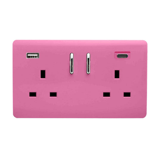 Trendi Switch 2 Gang USB 3100mA Type A & C USB Plug Socketin Candy Pink
