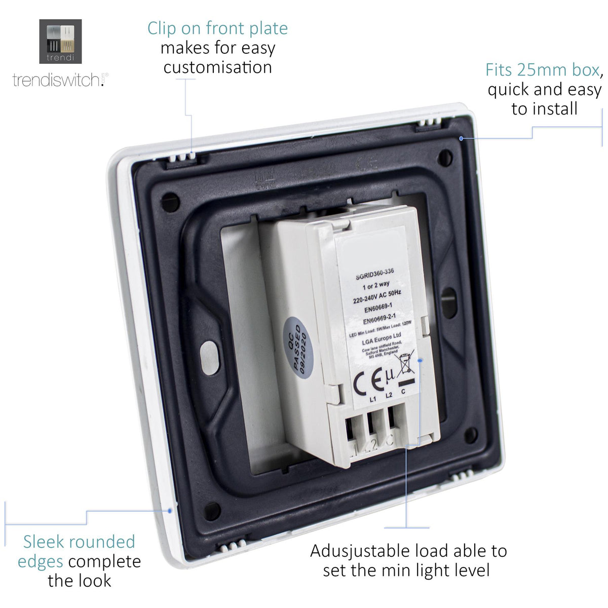 Trendi 1 Gang 2 Way 150w LED Dimmer Screwless 10 Amp Wall Light Switch in Matt White - ART-LDM150WMWH