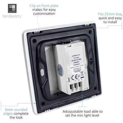 Trendi 1 Gang 2 Way 150w LED Dimmer Screwless 10 Amp Wall Light Switch in Matt White - ART-LDM150WMWH