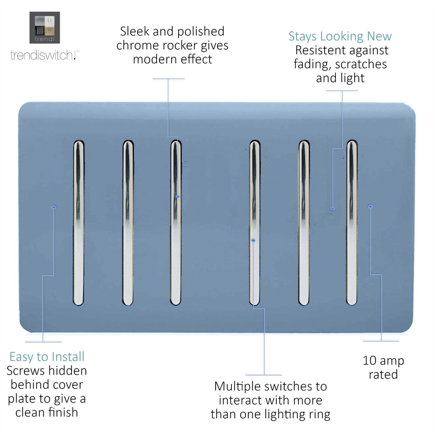 Trendi Switch 6 Gang 1 or 2 Way Light Switchin Sky Blue