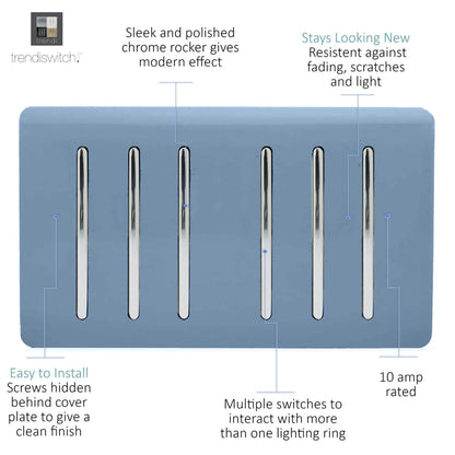 Trendi Switch 6 Gang 1 or 2 Way Light Switch in Sky Blue