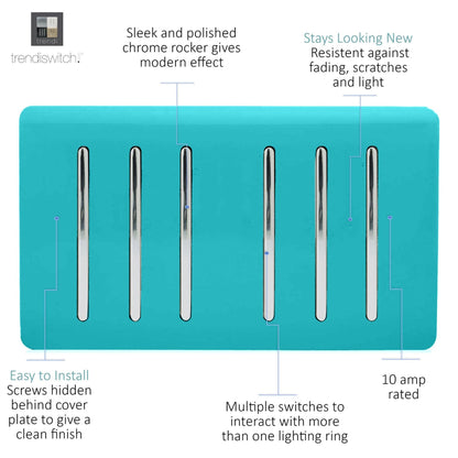 Trendi Switch 6 Gang 1 or 2 Way Light Switch in Bright Teal