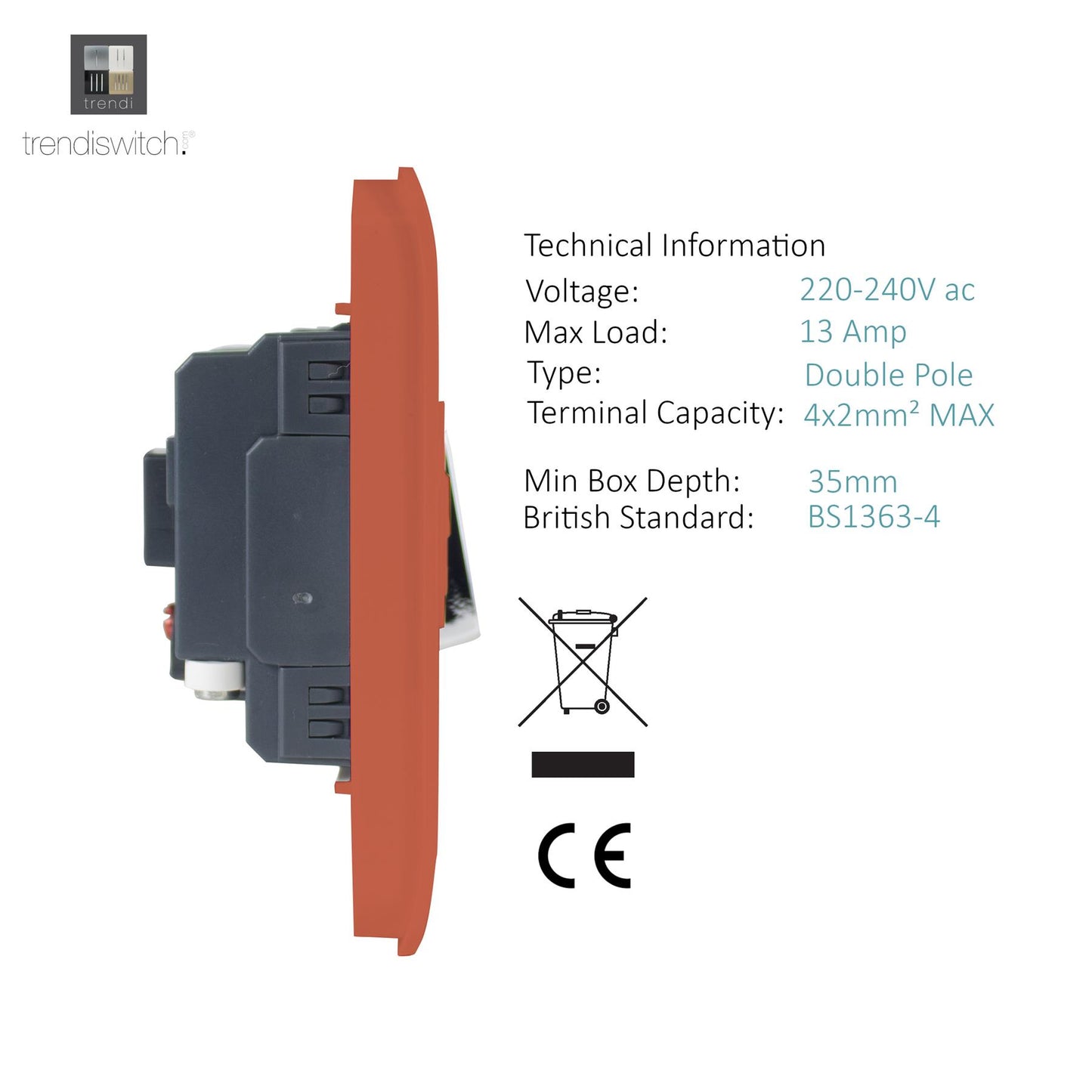 Trendi Switch 13 Amp Fused Spur with Flex Outletin Copper