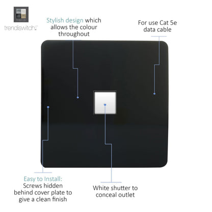 Trendi Switch 1 Gang RJ45 Cat 5e PC Ethernet Socket in Piano Black