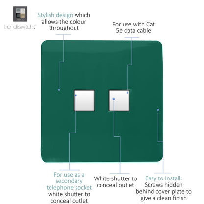 Trendi Switch 2 Gang RJ45 Cat 5e PC Ethernet & Telephone Slave Sockets in Dark Forest Green