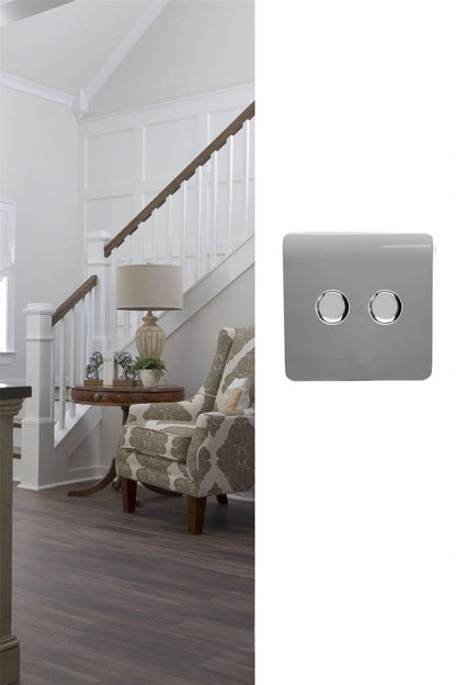 Trendi 2 Gang 2 Way 240V 100w LED Dimmer Screwless Raised Front Plate Plastic Artistic Modern Glossy 10 Amp Chrome Single Electrical Wall Light Switch in Brushed Steel - ART-2LDMBS