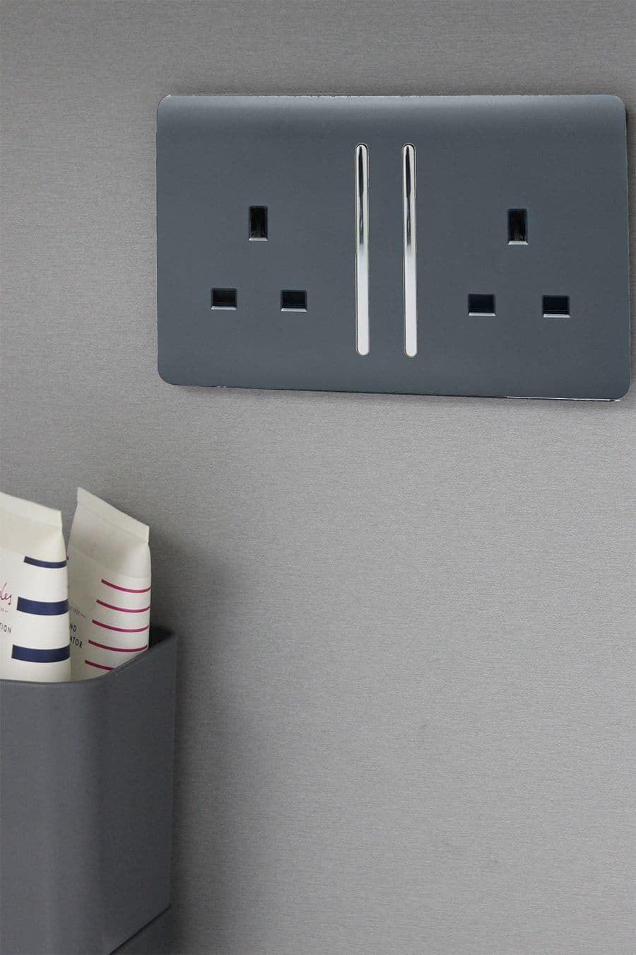 Trendi Switch 2 Gang Long Switched Plug Socket in Warm Grey