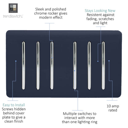 Trendi Switch 6 Gang 1 or 2 Way Light Switch in Navy Blue