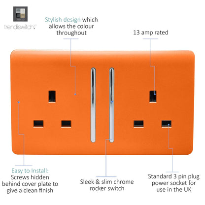 Trendi Switch 2 Gang Long Switched Plug Socket in Sunset Orange