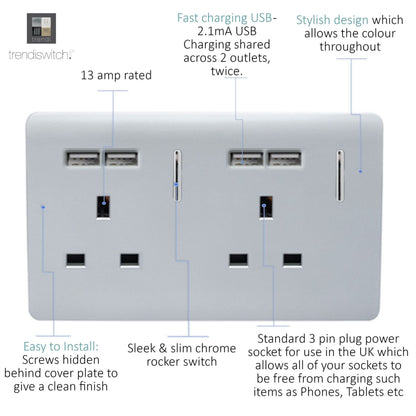 Trendi Switch 2 Gang 4 Port USB 2100mA Plug Socket in Platinum Silver
