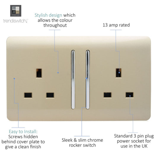 Trendi Switch 2 Gang Long Switched Plug Socket in Champagne Gold