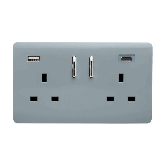 Trendi Switch 2 Gang USB 65W Type A & C USB Plug Socket in Cool Grey