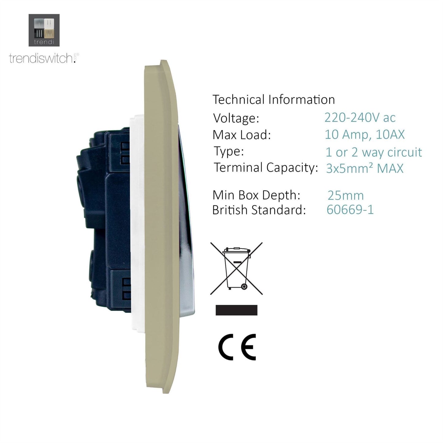 Trendi Switch 1 Gang 1 or 2 way Rocker Light Switchin Champagne Gold