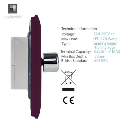 Trendi 2 Gang 2 Way 240V 100w LED Dimmer Screwless Raised Front Plate Plastic Artistic Modern Glossy 10 Amp Chrome Single Electrical Wall Light Switch in Plum - ART-2LDMPL