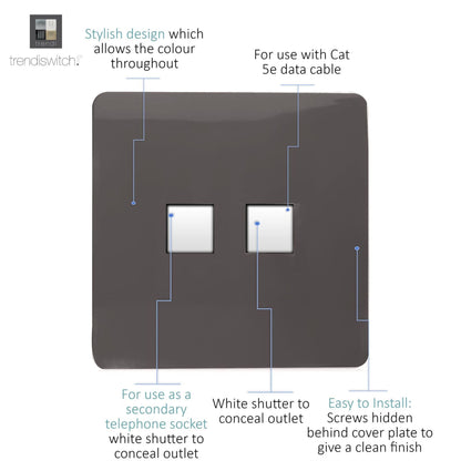 Trendi Switch 2 Gang RJ45 Cat 5e PC Ethernet & Telephone Slave Sockets in Dark Mocha Brown