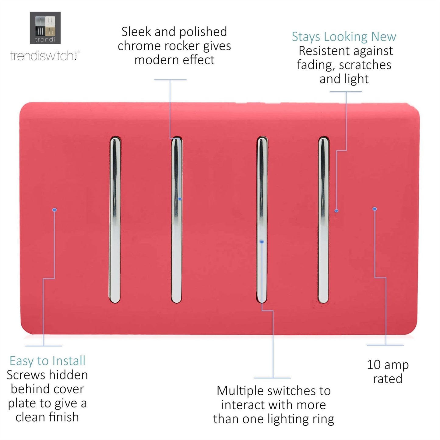 Trendi Switch 4 Gang Light Switch (3x 1 or 2 Way & 1 x Intermediate)in Strawberry Red