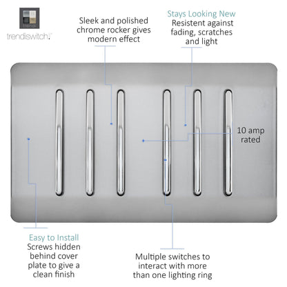Trendi Switch 6 Gang 1 or 2 Way Light Switch in Brushed Steel