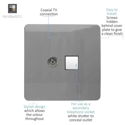 Trendi Switch 2 Gang Female TV Co-Axial & Telephone Slave Sockets in Light Grey