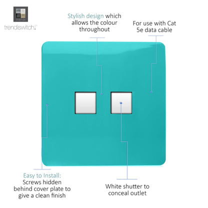 Trendi Switch 2 Gang RJ45 Cat 5e PC Ethernet Socket in Bright Teal
