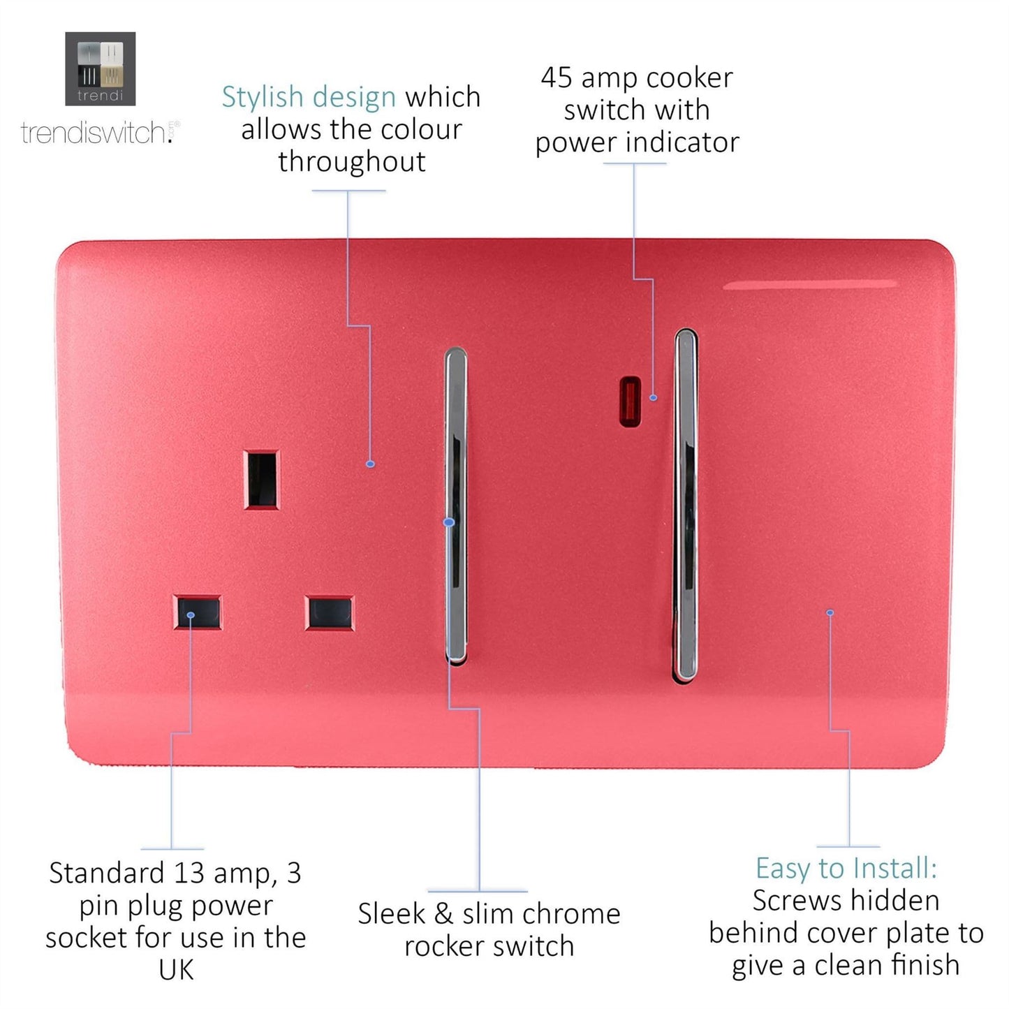 Trendi Switch 45 Amp Cooker Switch & 13 Amp Plug Socket with Neonin Strawberry Red