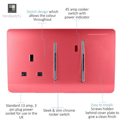 Trendi Switch 45 Amp Cooker Switch & 13 Amp Plug Socket with Neon in Strawberry Red