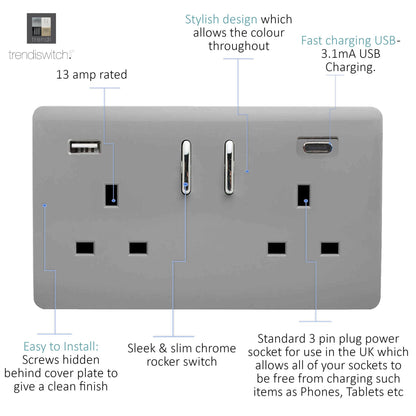 Trendi Switch 2 Gang USB 3100mA Type A & C USB Plug Socket in Light Grey