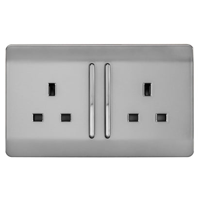 Trendi Switch 2 Gang Long Switched Plug Socket in Brushed Steel